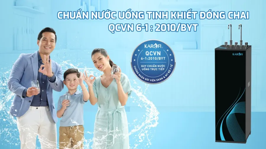 Nước sau lọc đạt chuẩn nước uống tinh khiết đóng chai qcvn 6-1:2010/BYT - Máy lọc nước nóng lạnh Karofi KAD-M29
