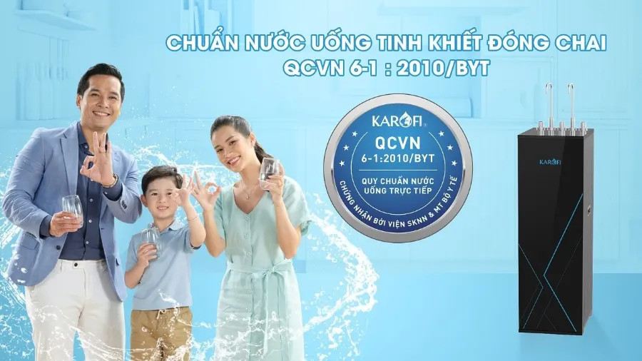 Nước sau lọc đạt chuẩn nước uống tinh khiết đóng chai qcvn 6-1:2010/BYT - Máy lọc nước nóng lạnh Karofi KAD-M59