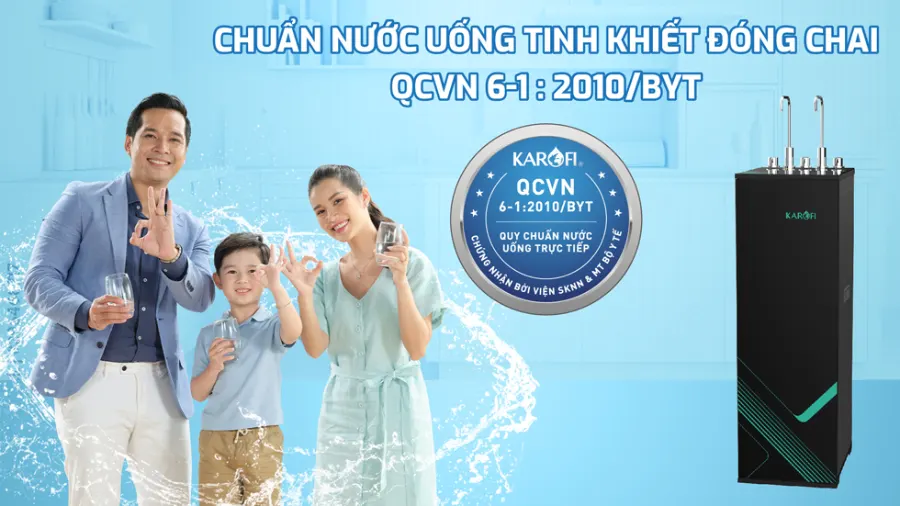 Nước sau lọc đạt chuẩn nước uống tinh khiết đóng chai qcvn 6-1:2010/BYT - Máy lọc nước nóng lạnh Karofi KAD-M68