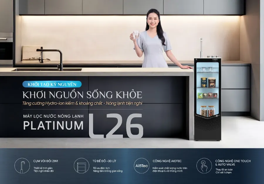 Máy lọc nước nóng lạnh Karofi PLATINUM L26 PLATINUM L26Khởi tạo kỷ nguyên - khơi nguồn sống khỏeTăng cường Hydro-ion kiềm & khoáng chất - Nóng lạnh tiện nghi - Máy lọc nước nóng lạnh Karofi PLATINUM L26