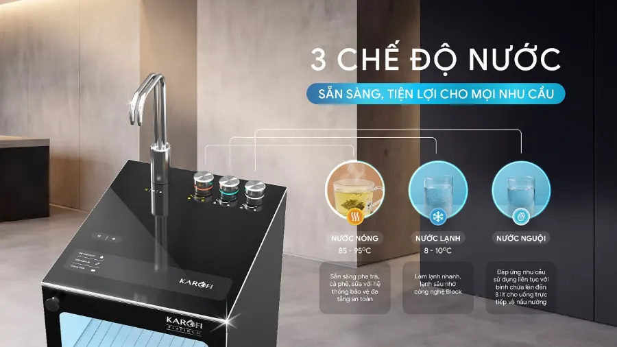 3 chế độ nước tiện lợi – Máy lọc nước nóng lạnh Karofi PLATINUM L26 - Máy lọc nước nóng lạnh Karofi PLATINUM L26