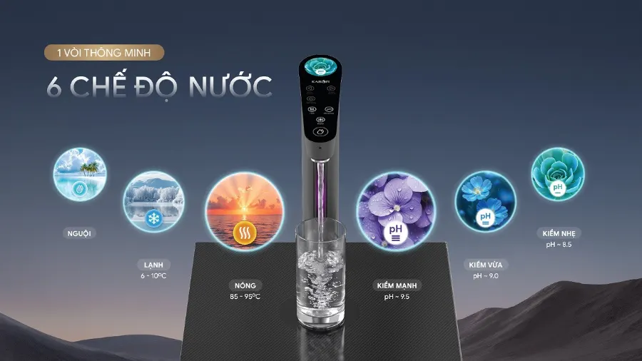 1 vòi thông minh - đa dạng 6 chế độ nước – Máy lọc nước nóng lạnh Hydro-ion kiềm Karofi PLATINUM SA5 - Máy lọc nước nóng lạnh Hydro-ion kiềm Karofi PLATINUM SA5