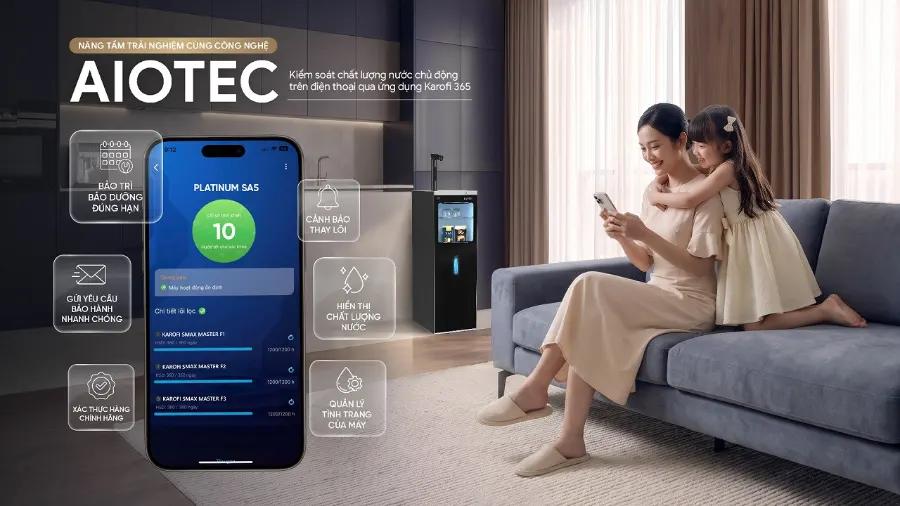 AioTec - kết nối thông minh, giám sát nước từ xa – Máy lọc nước nóng lạnh Hydro-ion kiềm Karofi PLATINUM SA5 - Máy lọc nước nóng lạnh Hydro-ion kiềm Karofi PLATINUM SA5