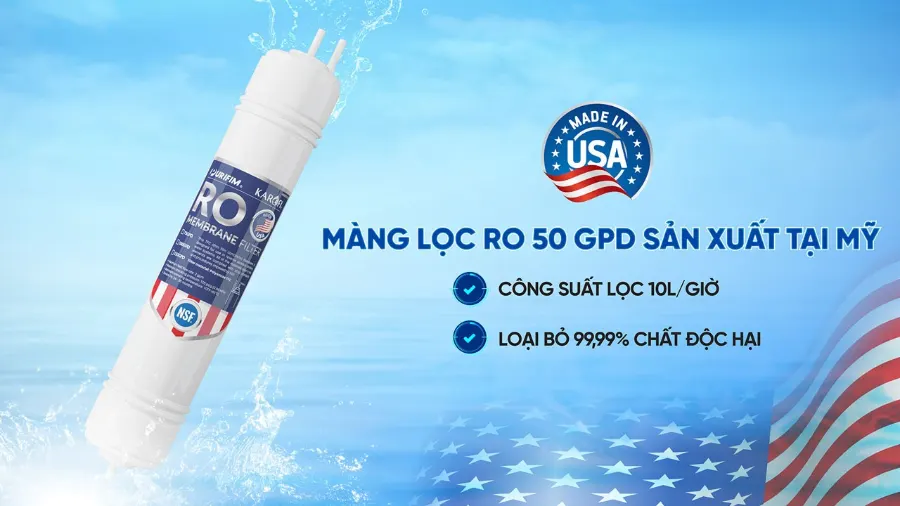Màng RO sản xuất tại Mỹ - Công suất lọc đến 10 lít/giờ - Máy lọc nước Karofi KHY-TN100