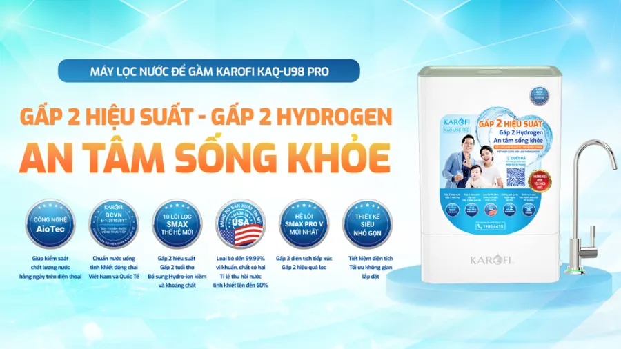 Máy lọc nước để gầm máy lọc nước Karofi KAQ-U98 PRO: gấp 2 hiệu suất - gấp 2 hydrogen - an tâm sống khỏe - Máy lọc nước Karofi KAQ-U98 PRO