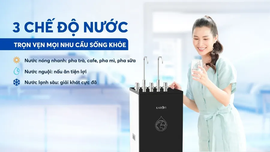 2 vòi - 3 chế độ nước Nóng - Lạnh - Tinh khiết - Máy lọc nước nóng lạnh Karofi KAD-X60