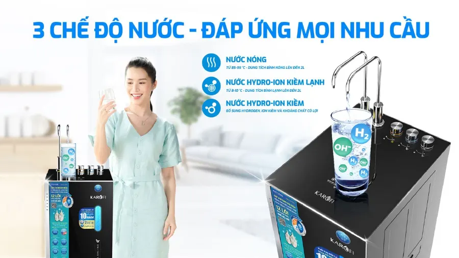 3 chế độ nước - đáp ứng đầy đủ mọi nhu cầu – Máy lọc nước nóng lạnh Hydro-ion kiềm Karofi KAE-S688 - Máy lọc nước nóng lạnh Hydro-ion kiềm Karofi KAE-S688