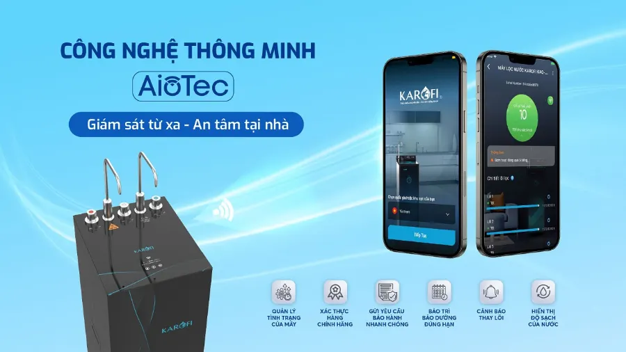 Công nghệ AioTec thông minh - Giám sát độ sạch của nước từ xa, an tâm toàn diện – Máy lọc nước nóng lạnh Karofi KAD-X68 - Máy lọc nước nóng lạnh Karofi KAD-X68